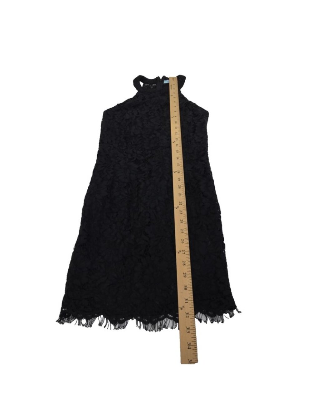 She+Sky Black Crochet Lace Dress Small Mock Neck Fringe Hem Boho Gothic Cocktail - Picture 4 of 13